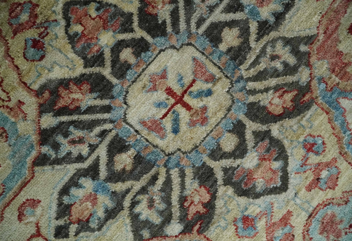 Hand Knotted Ivory, Rust and Blue Antique Persian Heriz Serapi Wool Rug