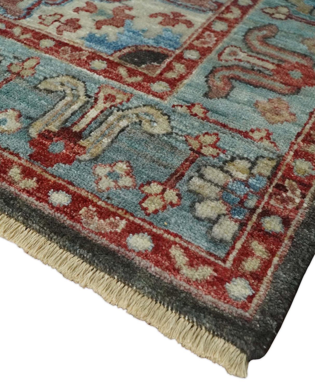 Hand Knotted Ivory, Rust and Blue Antique Persian Heriz Serapi Wool Rug