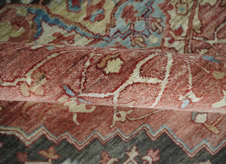 Hand Knotted Ivory, Rust and Blue Antique Persian Heriz Serapi Wool Rug
