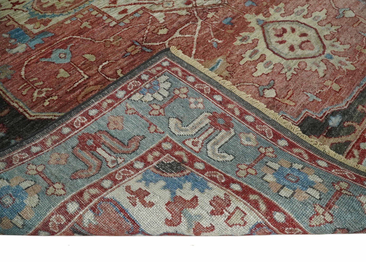 Hand Knotted Ivory, Rust and Blue Antique Persian Heriz Serapi Wool Rug
