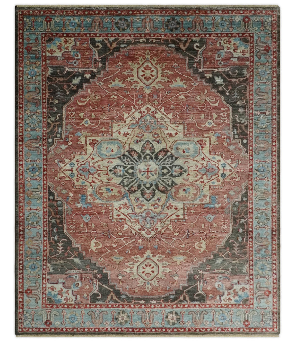 Hand Knotted Ivory, Rust and Blue Antique Persian Heriz Serapi Wool Rug