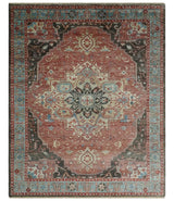 Hand Knotted Ivory, Rust and Blue Antique Persian Heriz Serapi Wool Rug