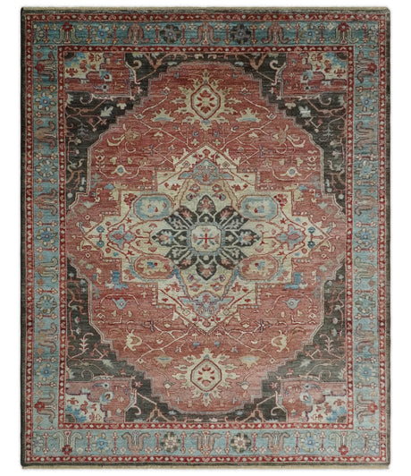 Hand Knotted Ivory, Rust and Blue Antique Persian Heriz Serapi Wool Rug