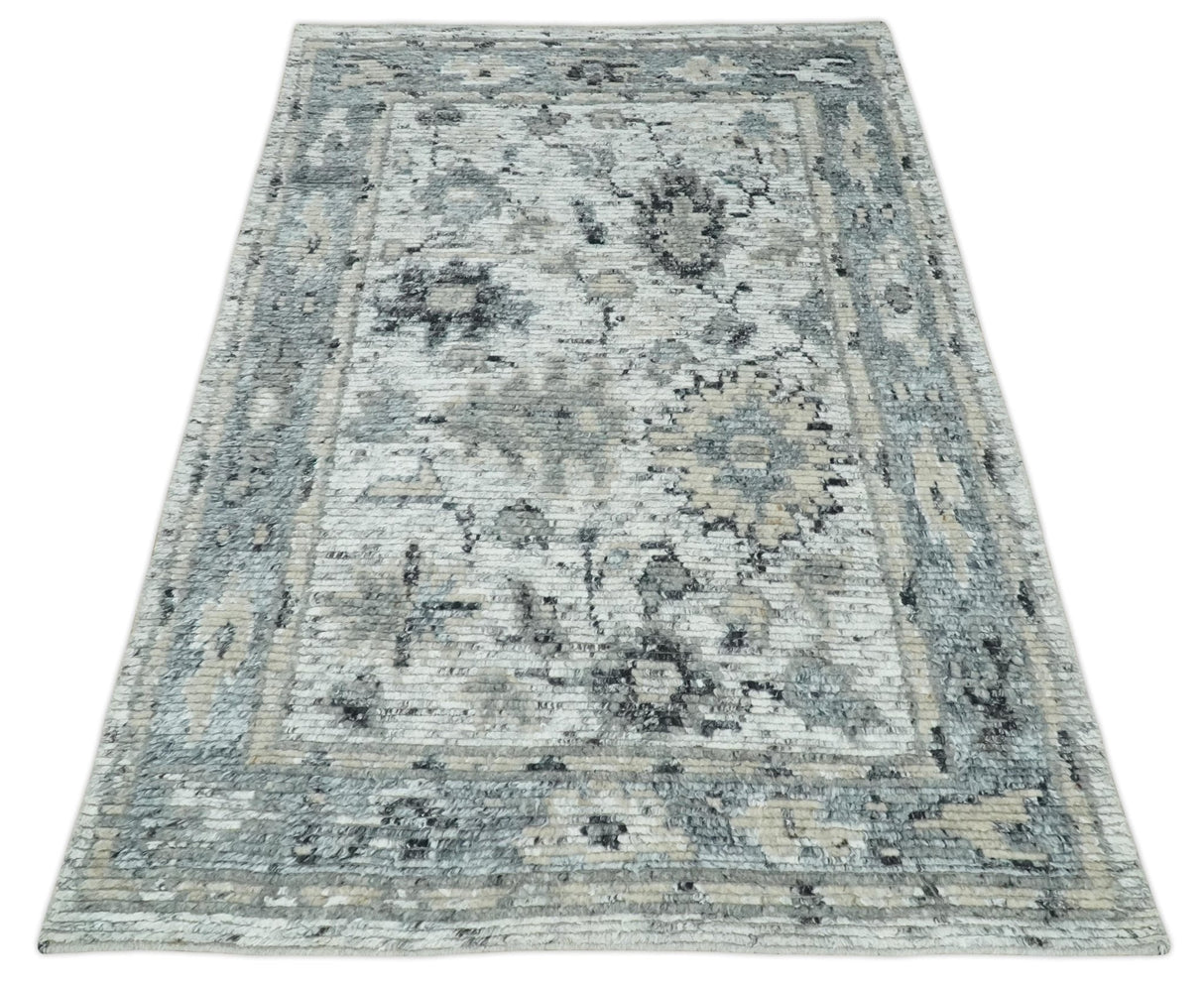 Hand Knotted Ivory, Silver and Beige Traditional Blended Wool Multi Size Rug