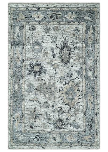 Hand Knotted Ivory, Silver and Beige Traditional Blended Wool Multi Size Rug