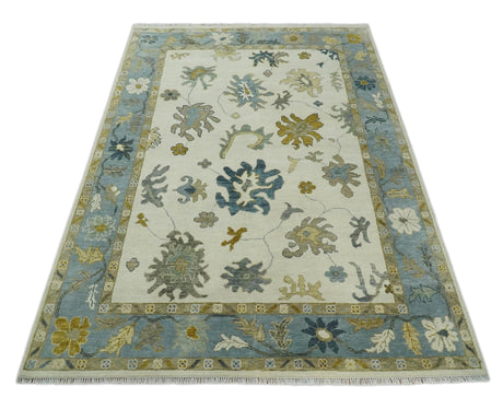 Hand Knotted Ivory, Silver and Blue Traditional Oushak Custom Made Wool Area Rug