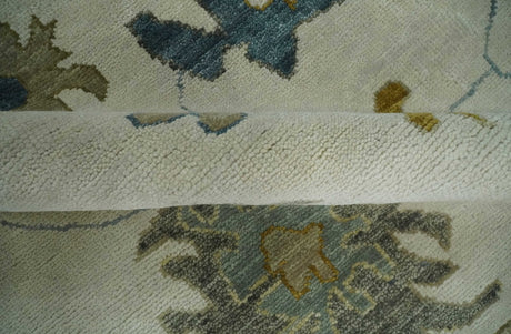 Hand Knotted Ivory, Silver and Blue Traditional Oushak Custom Made Wool Area Rug