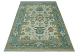 Hand Knotted Ivory, Teal and Beige Traditional Oriental Oushak Multi Size wool rug
