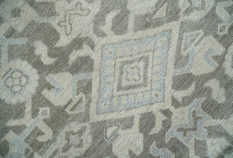 Hand Knotted Low Pile 8x10 Brown, Ivory and Blue Traditional Design Wool Area Rug