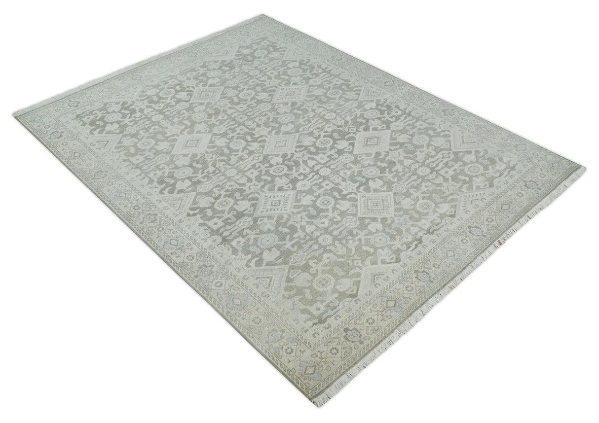 Hand Knotted Low Pile 8x10 Brown, Ivory and Blue Traditional Design Wool Area Rug