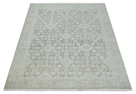 Hand Knotted Low Pile 8x10 Brown, Ivory and Blue Traditional Design Wool Area Rug