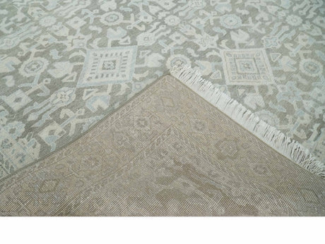 Hand Knotted Low Pile 8x10 Brown, Ivory and Blue Traditional Design Wool Area Rug