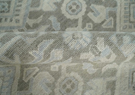 Hand Knotted Low Pile 8x10 Brown, Ivory and Blue Traditional Design Wool Area Rug