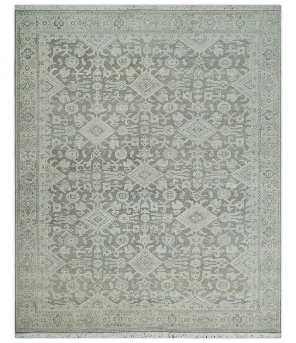 Hand Knotted Low Pile 8x10 Brown, Ivory and Blue Traditional Design Wool Area Rug