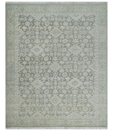 Hand Knotted Low Pile 8x10 Brown, Ivory and Blue Traditional Design Wool Area Rug