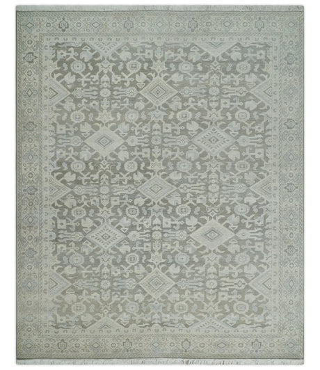 Hand Knotted Low Pile 8x10 Brown, Ivory and Blue Traditional Design Wool Area Rug