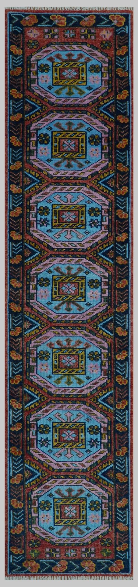 Hand Knotted Maroon and Blue Traditional Antique look Multi Size Wool Area Rug