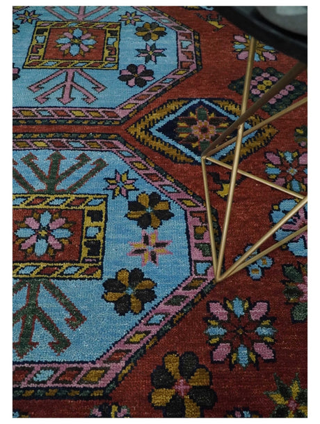 Hand Knotted Maroon and Blue Traditional Antique look Multi Size Wool Area Rug