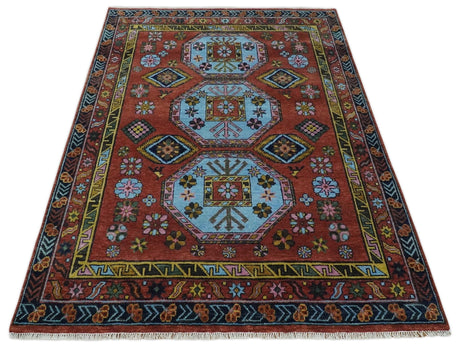 Hand Knotted Maroon and Blue Traditional Antique look Multi Size Wool Area Rug