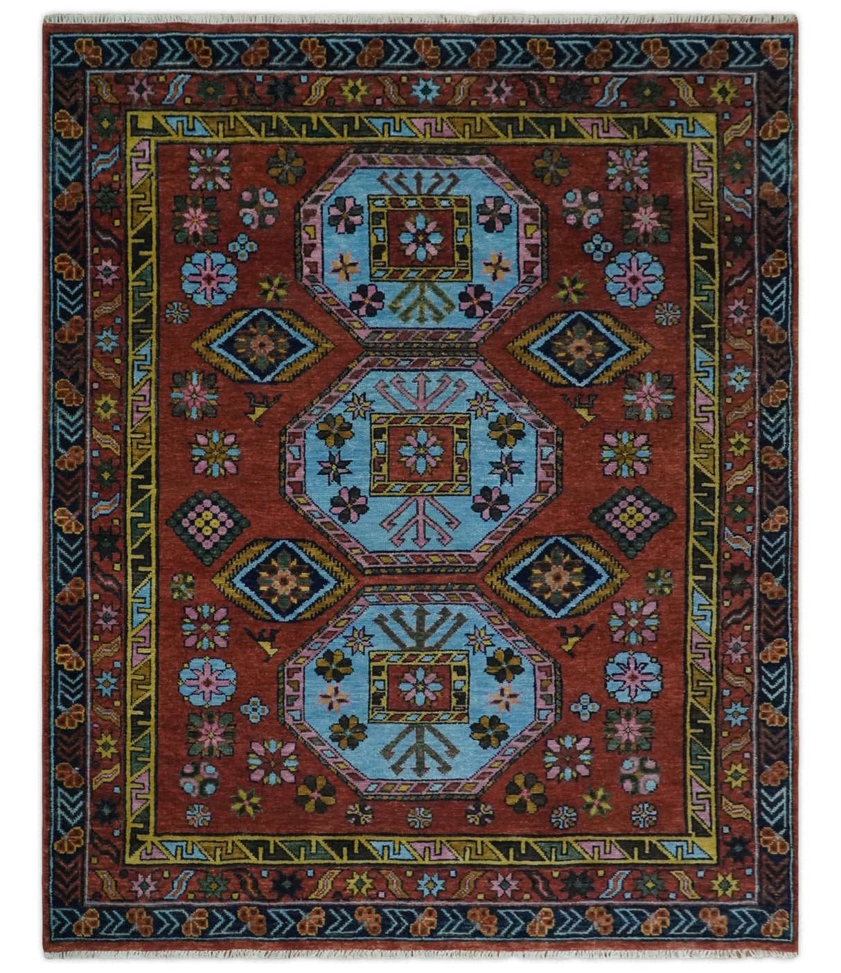 Hand Knotted Maroon and Blue Traditional Antique look Multi Size Wool Area Rug
