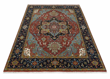 Hand Knotted Maroon And Blue Traditional Heriz Custom Made Wool Area Rug