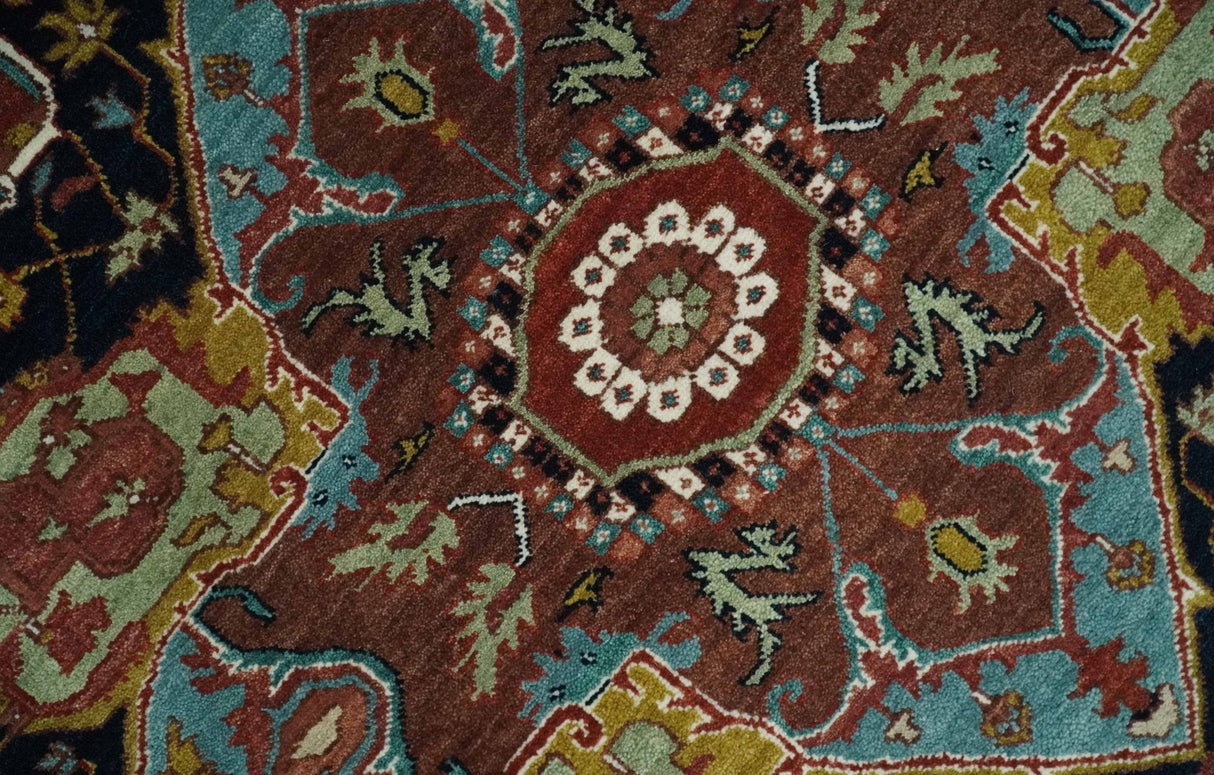 Hand Knotted Maroon And Blue Traditional Heriz Custom Made Wool Area Rug