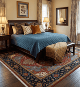 Hand Knotted Maroon And Blue Traditional Heriz Custom Made Wool Area Rug
