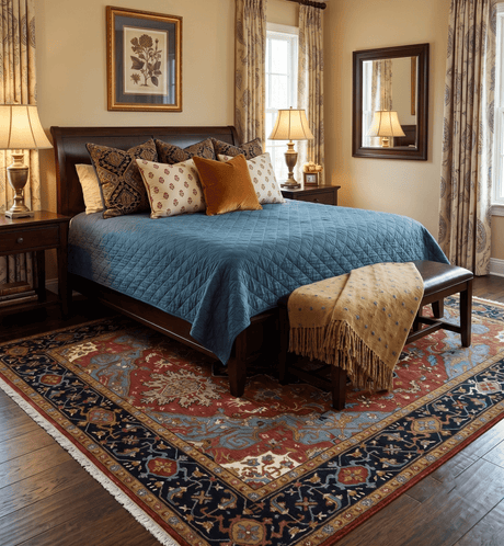 Hand Knotted Maroon And Blue Traditional Heriz Custom Made Wool Area Rug