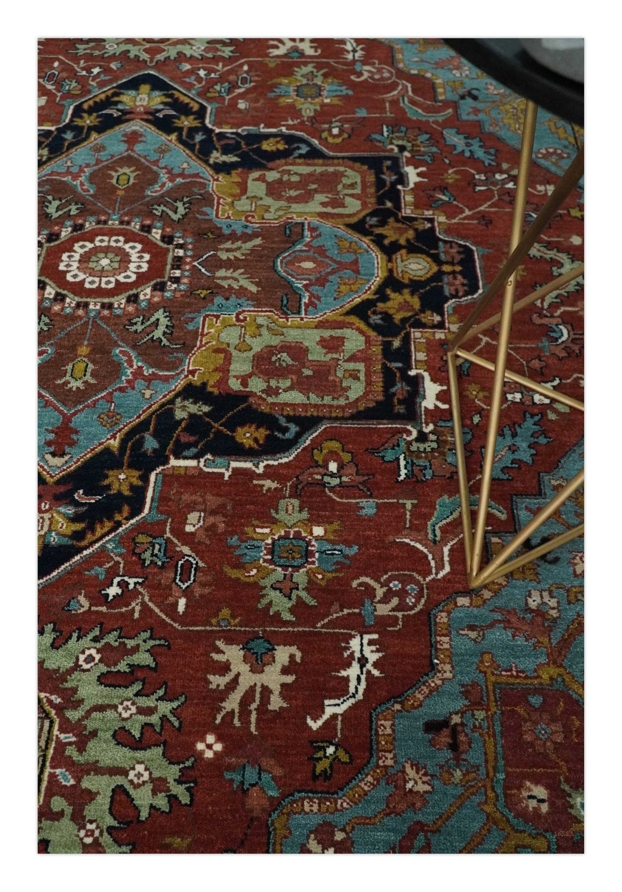 Hand Knotted Maroon And Blue Traditional Heriz Custom Made Wool Area Rug