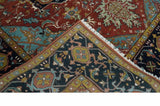 Hand Knotted Maroon And Blue Traditional Heriz Custom Made Wool Area Rug