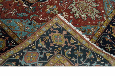 Hand Knotted Maroon And Blue Traditional Heriz Custom Made Wool Area Rug