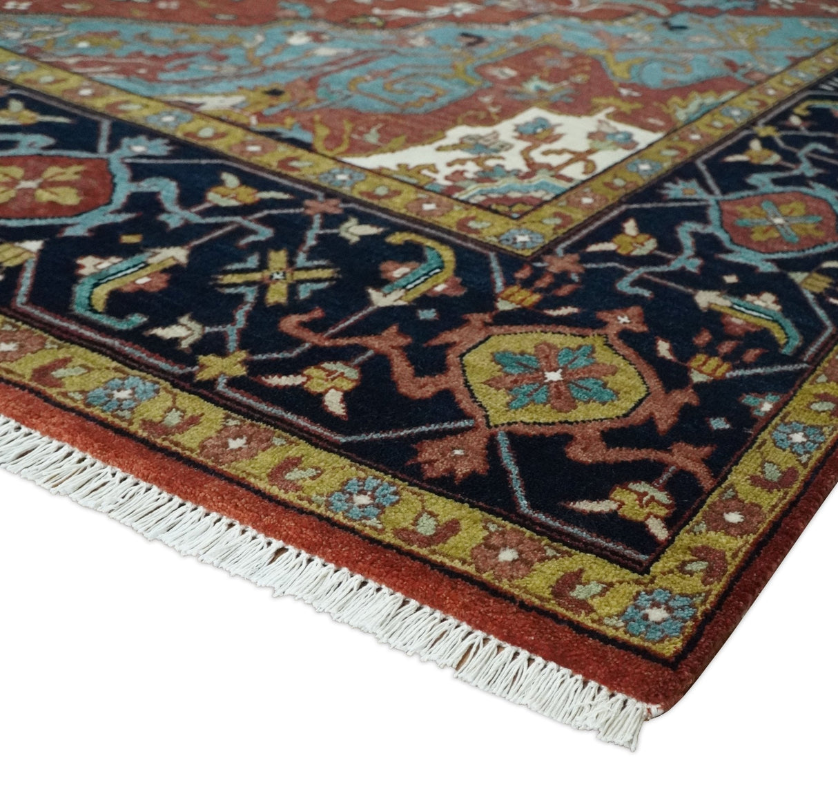 Hand Knotted Maroon And Blue Traditional Heriz Custom Made Wool Area Rug