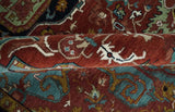 Hand Knotted Maroon And Blue Traditional Heriz Custom Made Wool Area Rug