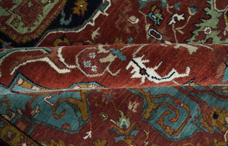 Hand Knotted Maroon And Blue Traditional Heriz Custom Made Wool Area Rug