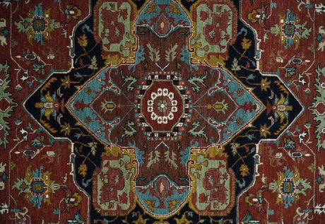 Hand Knotted Maroon And Blue Traditional Heriz Custom Made Wool Area Rug