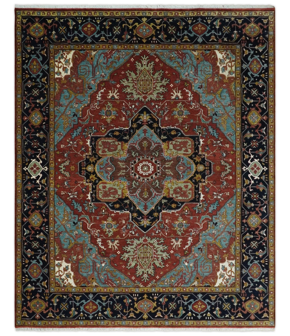Hand Knotted Maroon And Blue Traditional Heriz Custom Made Wool Area Rug