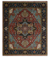 Hand Knotted Maroon And Blue Traditional Heriz Custom Made Wool Area Rug