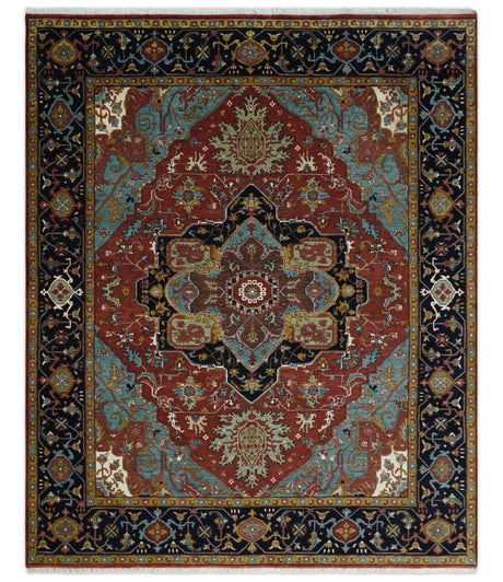 Hand Knotted Maroon And Blue Traditional Heriz Custom Made Wool Area Rug