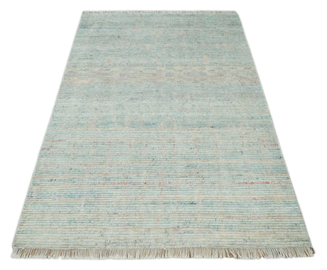 Hand Knotted Modern Abstract Blue and Peach Trellis Moroccan Blended Wool Area Rug