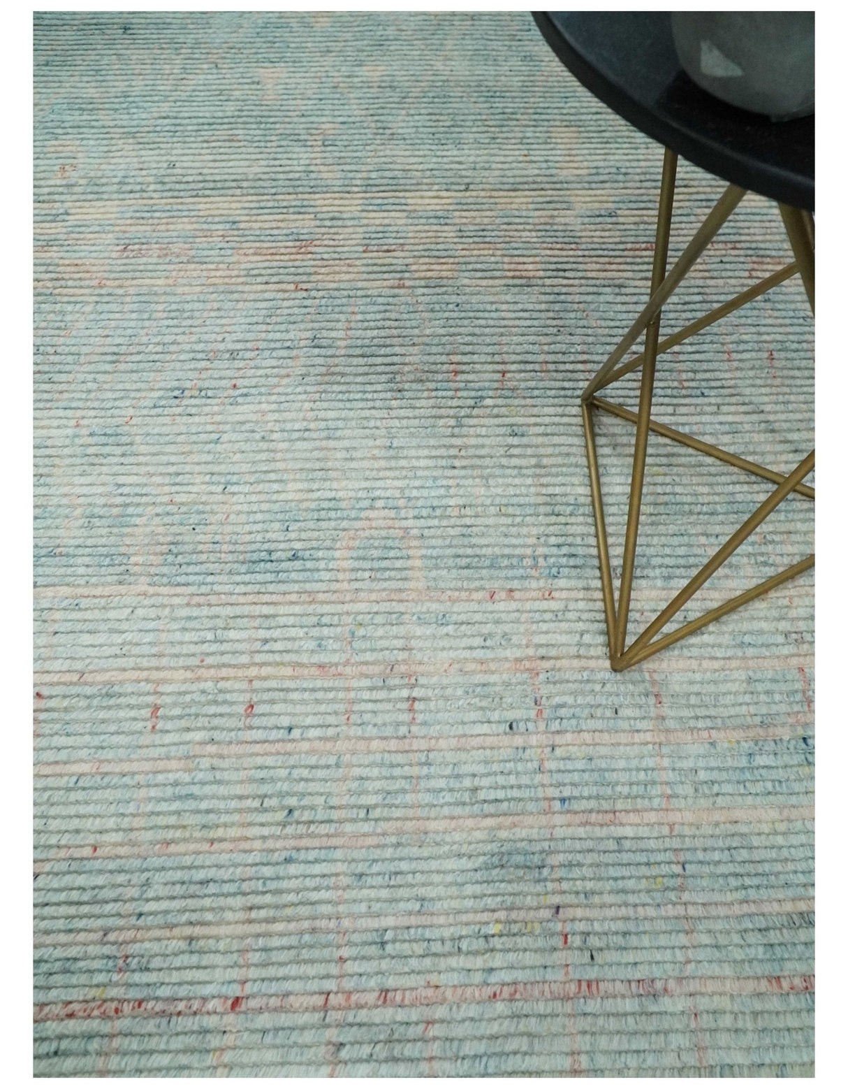 Hand Knotted Modern Abstract Blue and Peach Trellis Moroccan Blended Wool Area Rug