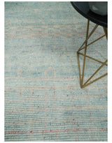 Hand Knotted Modern Abstract Blue and Peach Trellis Moroccan Blended Wool Area Rug
