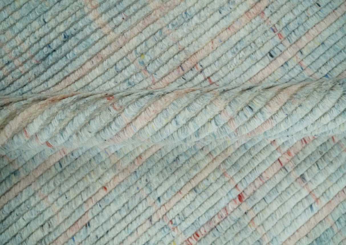 Hand Knotted Modern Abstract Blue and Peach Trellis Moroccan Blended Wool Area Rug