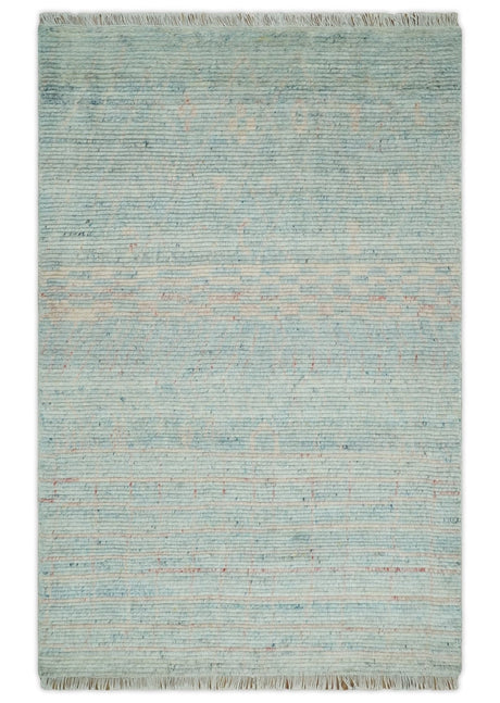 Hand Knotted Modern Abstract Blue and Peach Trellis Moroccan Blended Wool Area Rug