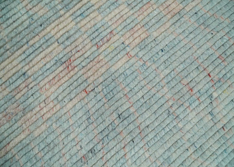 Hand Knotted Modern Abstract Blue and Peach Trellis Moroccan Made with Blended Wool Multi Size Area Rug
