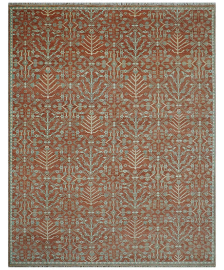 Hand knotted Multi Size Rust and Aqua Floral wool Area Rug