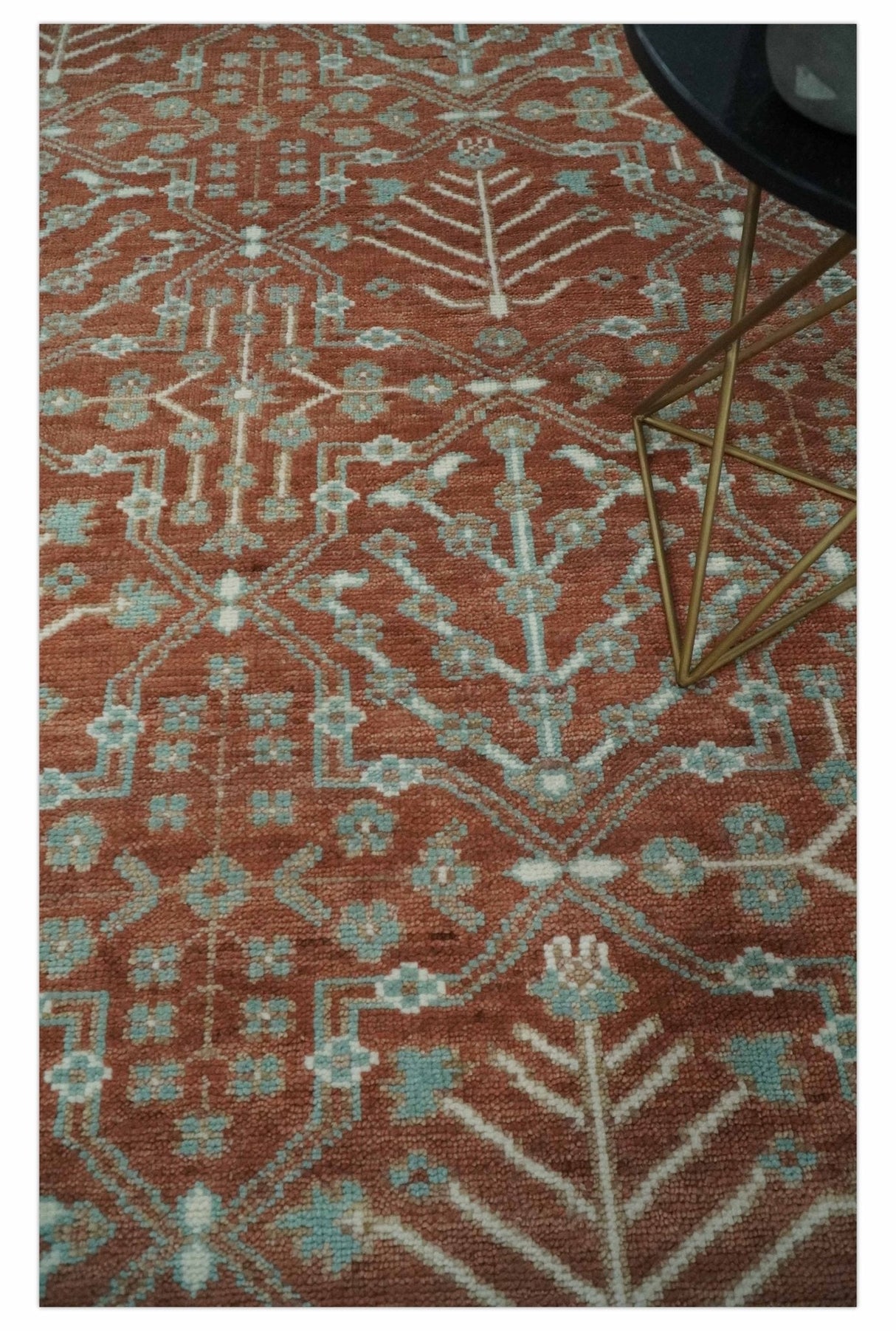 Hand knotted Multi Size Rust and Aqua Floral wool Area Rug