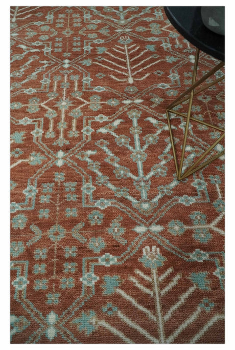 Hand knotted Multi Size Rust and Aqua Floral wool Area Rug