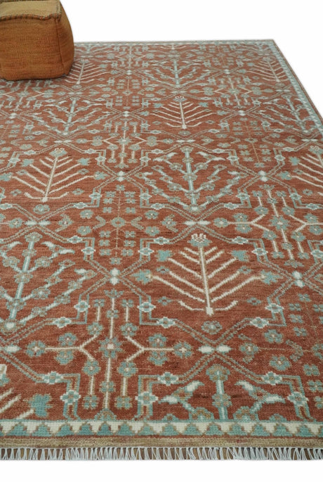 Hand knotted Multi Size Rust and Aqua Floral wool Area Rug