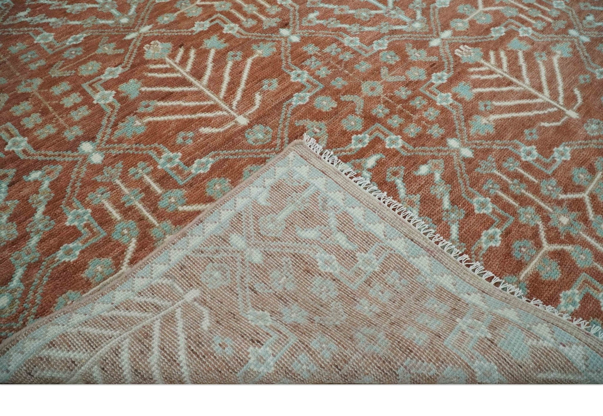 Hand knotted Multi Size Rust and Aqua Floral wool Area Rug