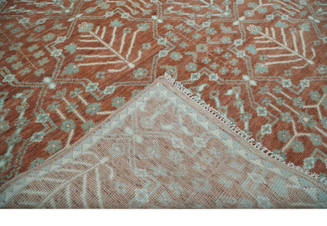 Hand knotted Multi Size Rust and Aqua Floral wool Area Rug